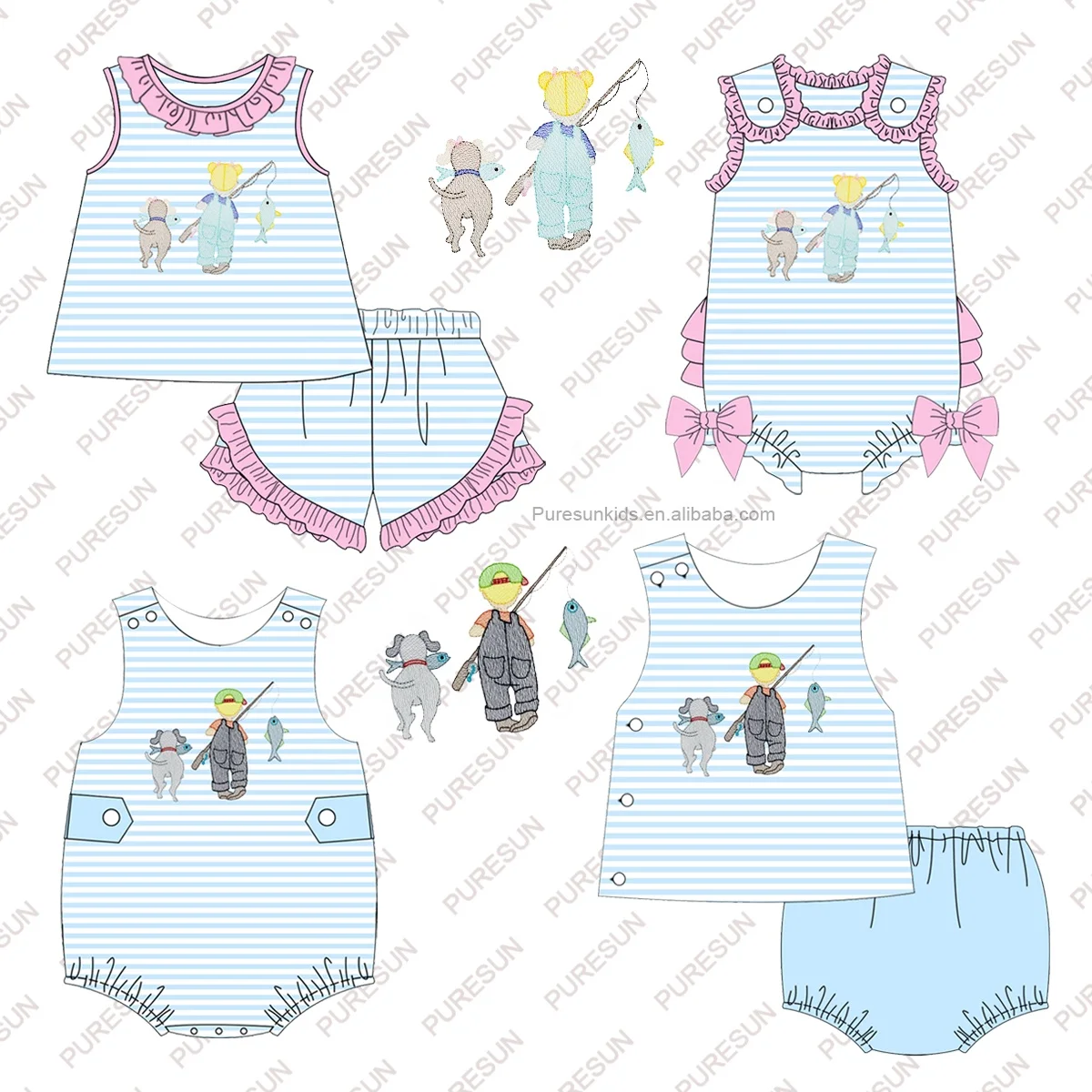 Puresun newest fishing embroidery baby girl clothes knit striped fashion sleeveless wholesale baby clothing summer sets
