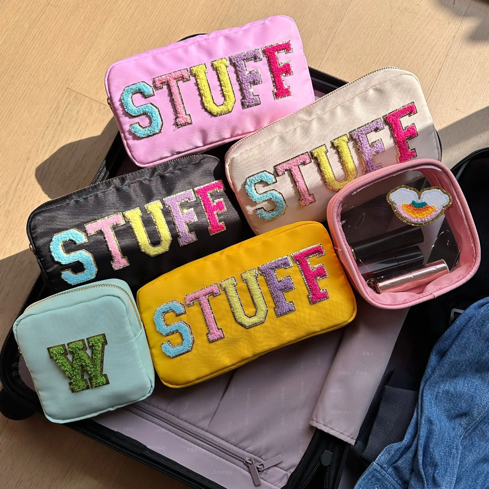 M 23.5*5*12.5cm Portable Travel Waterproof Nylon Makeup Bag Cosmetic Chenille Letter Patches Zipper Make up Bags For Women