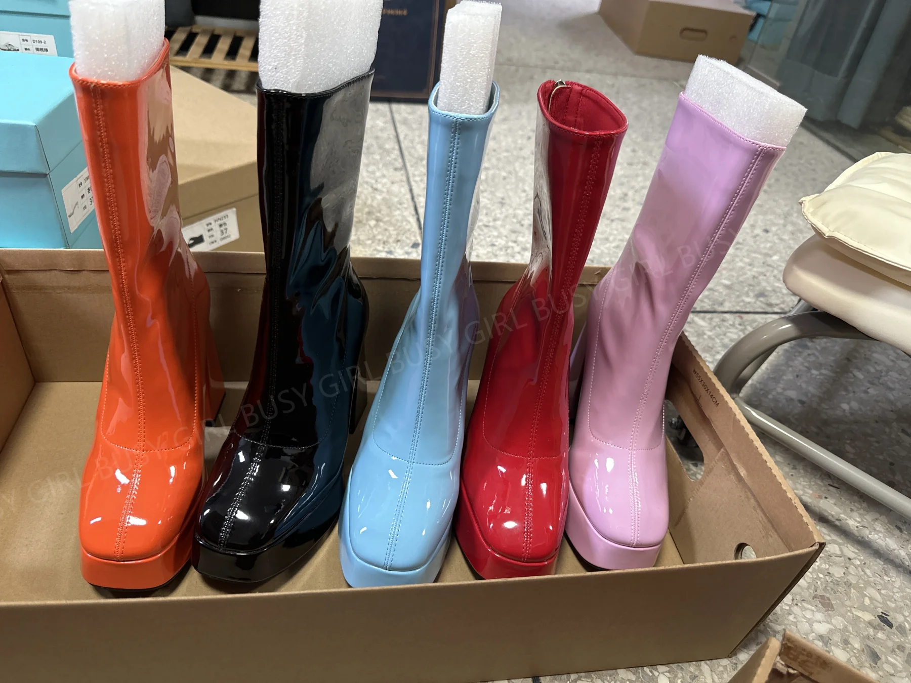 BUSY GIRL DS4467 Women Boots Size 11 Platform Block High Heels 2024 Silver Hot Pink Patent Leather Ladies Stretch Ankle Boots