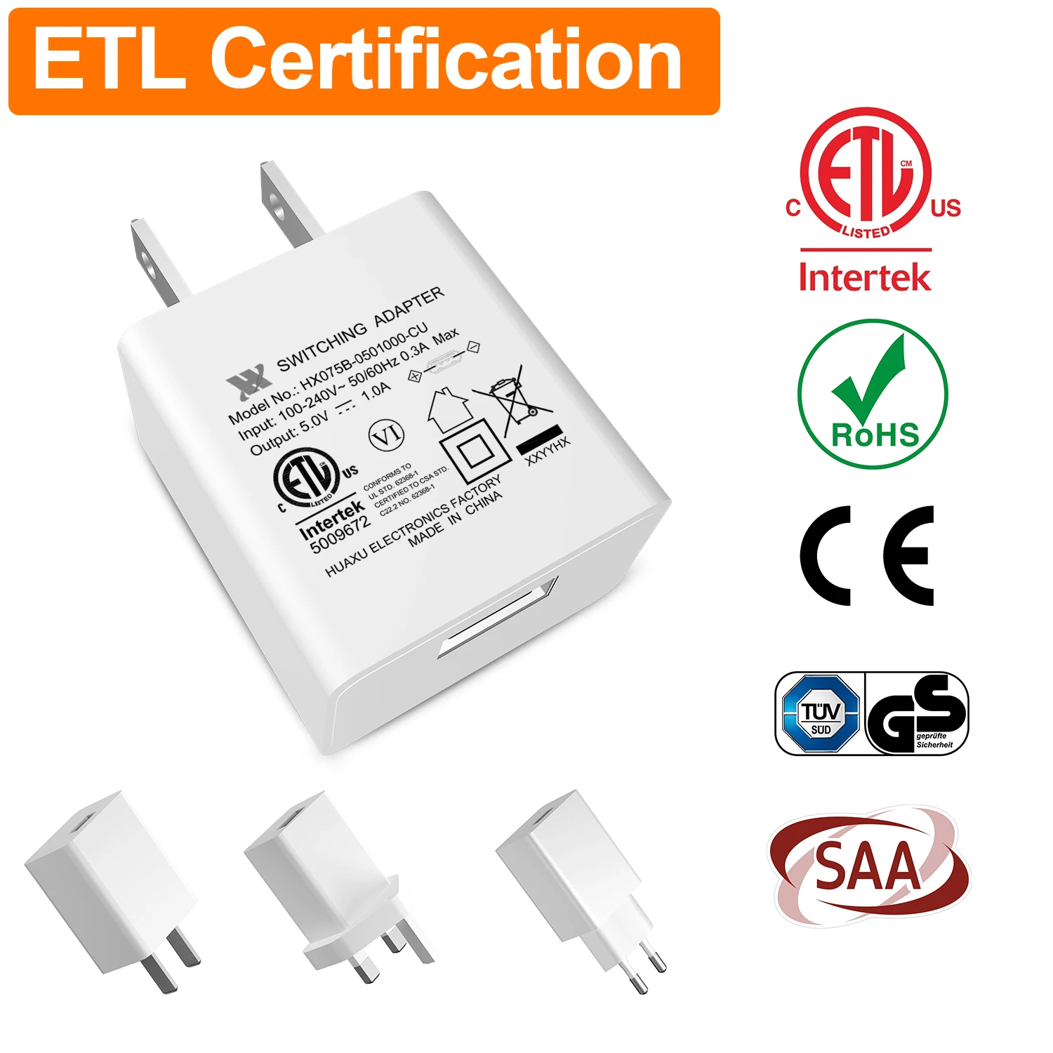 
ETL FCC Certificated USB Wall Power Adapters US PLUG 5V 1A 1.2A 1.5A One Port Power Adapter 
