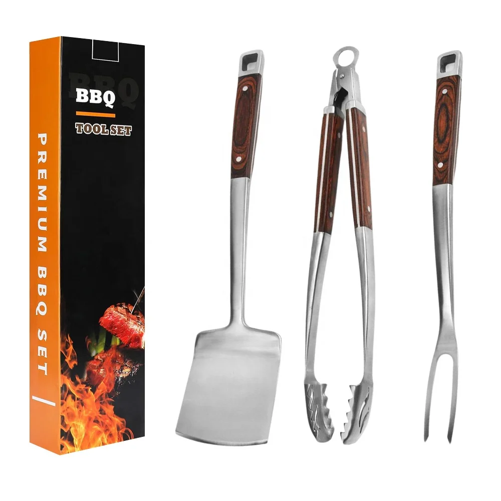 3PCS Deluxe Indoor Outdoor Extra Thick Pakka Wood Forged Handles Tong BBQ Griller Tool Set Barbecue Accessories Stainless Grill