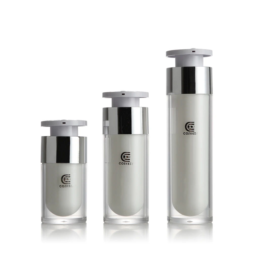 New design 15ml 30ml 50ml clear vacuum cosmetic packaging transparent airless pump bottles with silver press pump