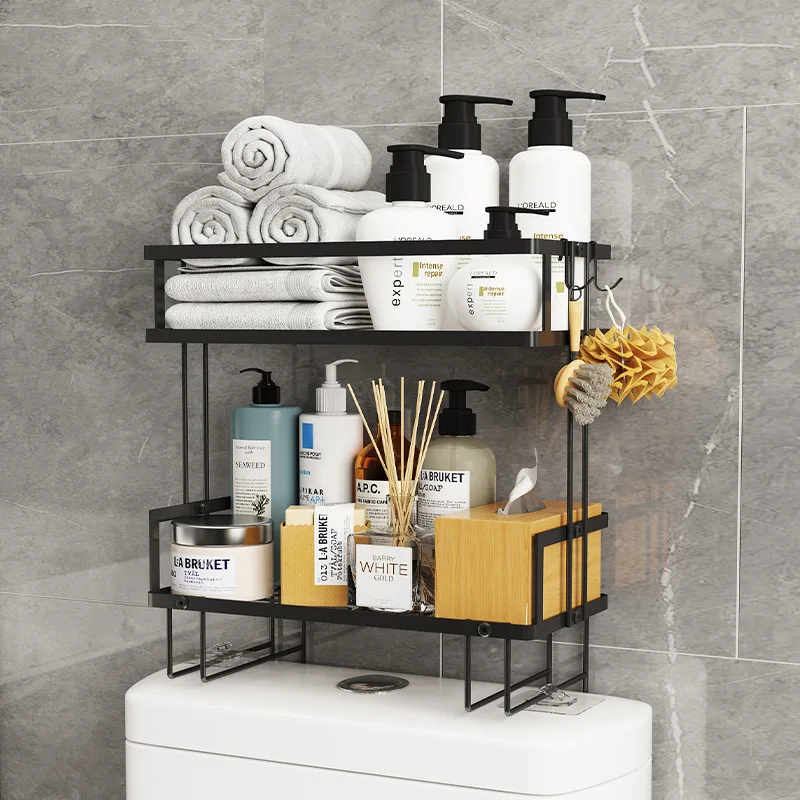 No Need To Punch Black Metal Toilet Rack Bathroom Shelf