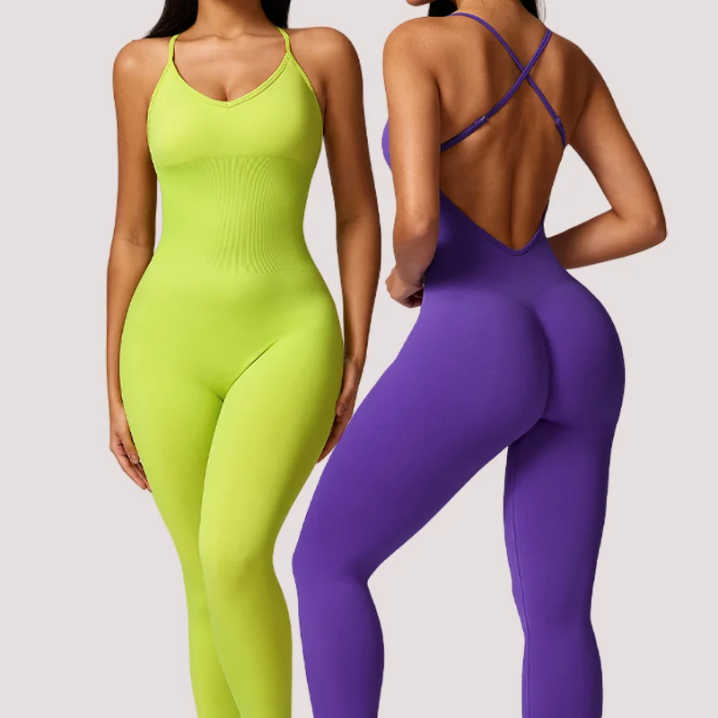 Nylon Women Cross Back Yoga Jumpsuit Scrunch BodySuit Gym Fitness Clothes Workout Sportswear One Piece Tracksuit Shapewear LOGO