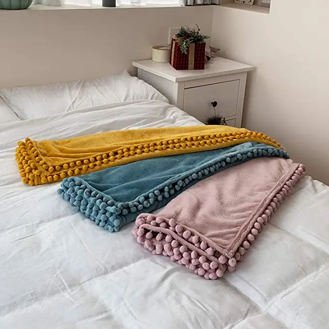 Luxury Microfiber Throw ball Tassel  Blanket Cozy Flannel Blanket with Pompom Tassel