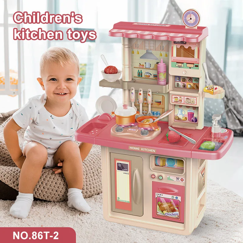 OEM Wholesale Mini 86CM Play House Kitchen Sound Light Simulation Cooking Tableware Toy Set Wood Toy for Kids for Girls