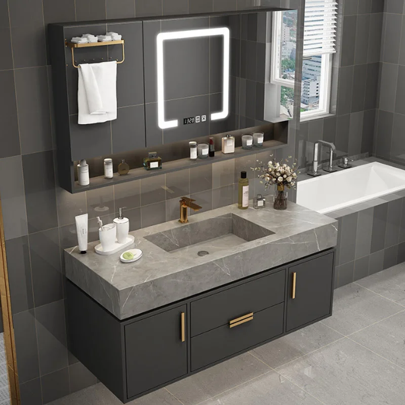 2024 New solid wood OEM rock panel countertop basin bathroom cabinet LED mirror storage cabinet ceramic basin