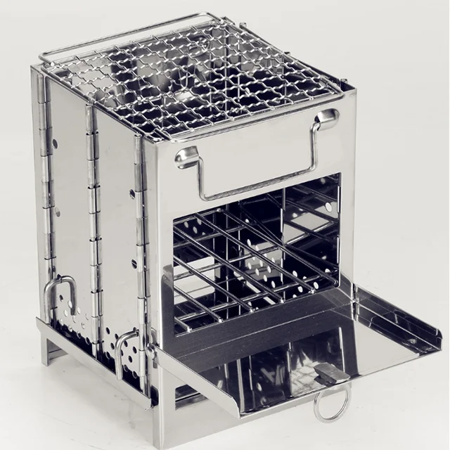 Portable folding square wood stove for outdoor camping and picnic mini size stainless steel