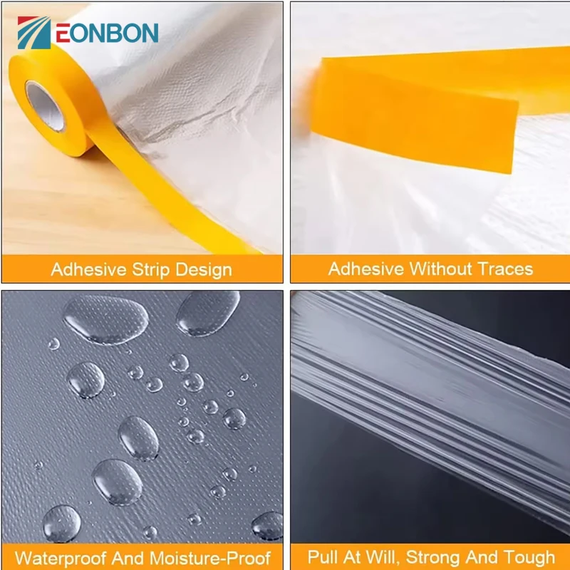 EONBON Car Paint Masking Film Plastic Pre Taped Protective Film Adhesive Painting Drop Cover Dustproof for Automotive