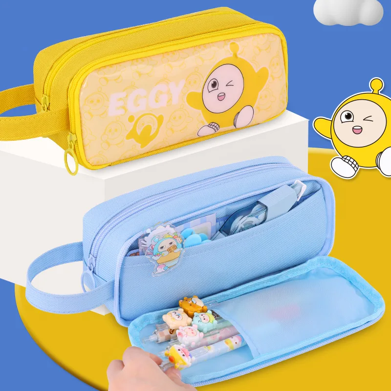 New Cartoon Cute Cocoa Egg Double Layer Transparent Pencil Case Large Capacity Stain Resistant Pencil Stationery Box