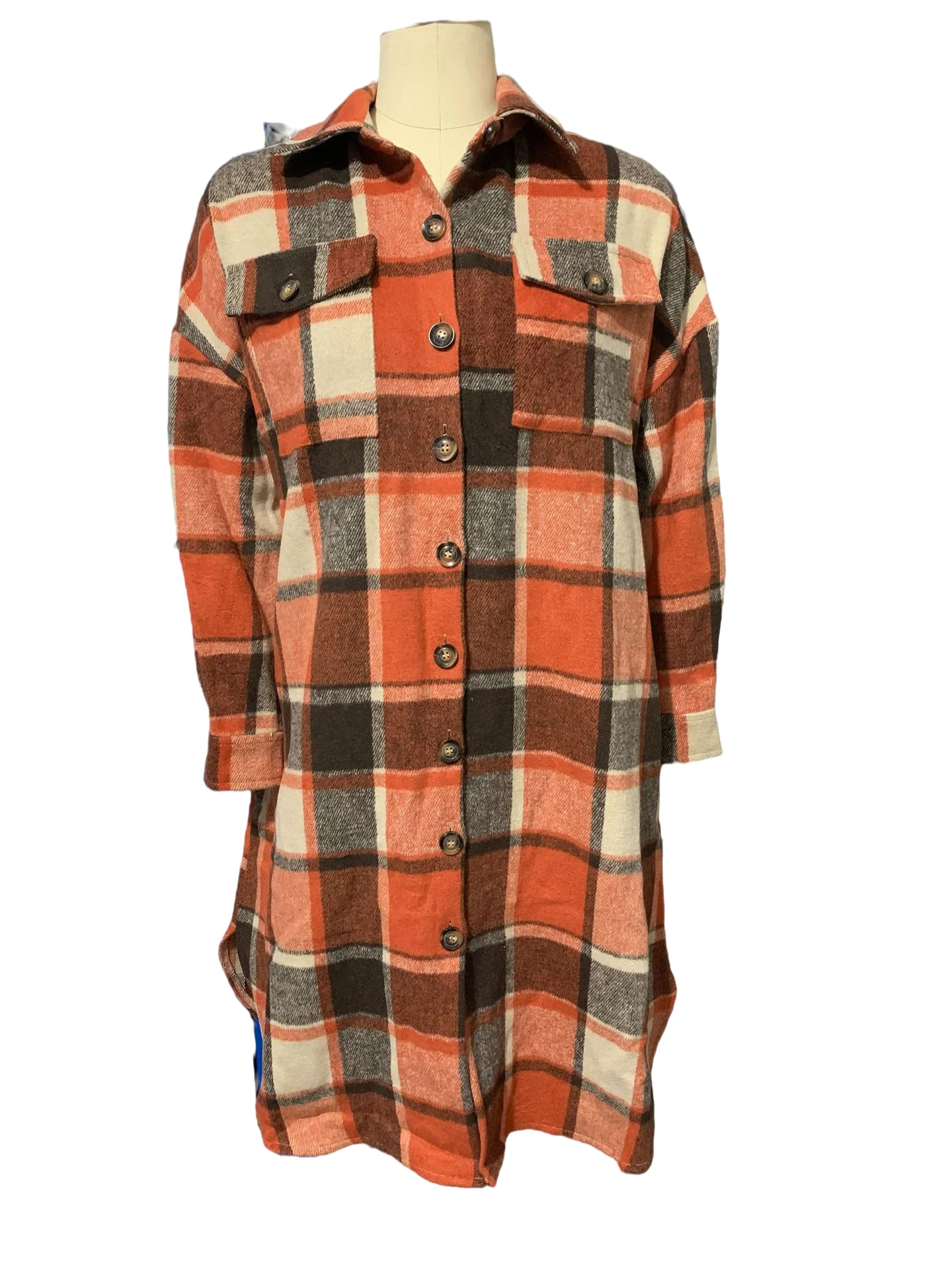 2021 Autumn Wholesale Long Sleeve Ladies Plaid Woolen Coat with Pocket Jacket Woman Jacket plaid trench coat