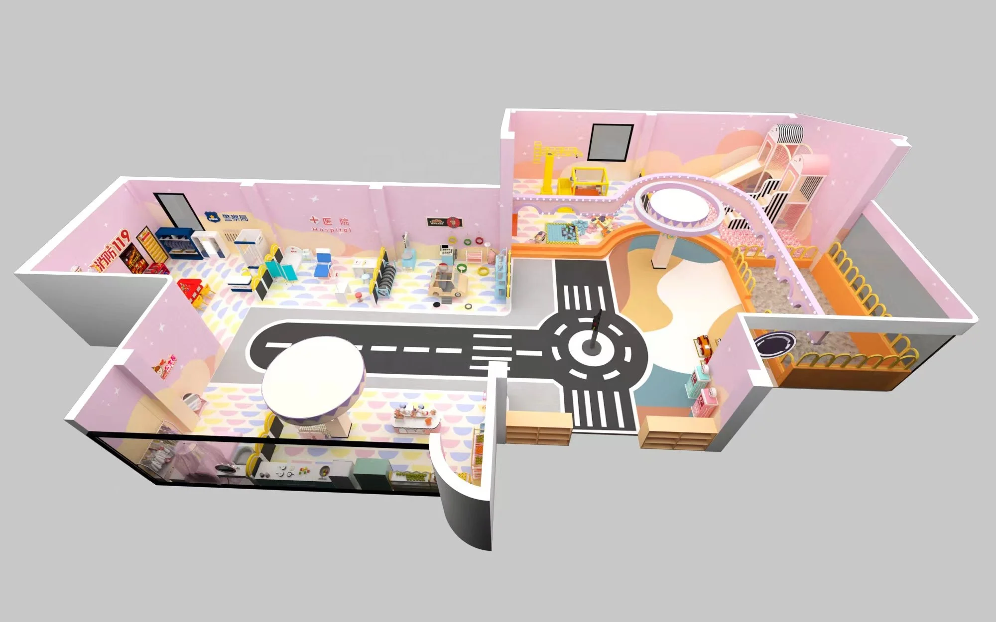 Customized Design Service Kids Indoor Street Town Playground Hospital Fire Station Role Playhouse for Kids Party