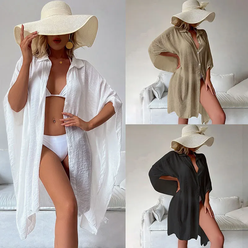 Women Bikini Cover Up Shirt Open Front Full Button Sun Proof Long Dress Beachwear Loose Kimono