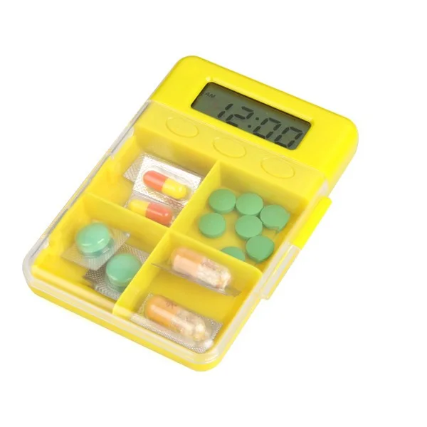 Plastic Pill box Dispenser organizer Tablet Holder Container Capsule storage case with 4 compartments Sound alarm Timer Reminder
