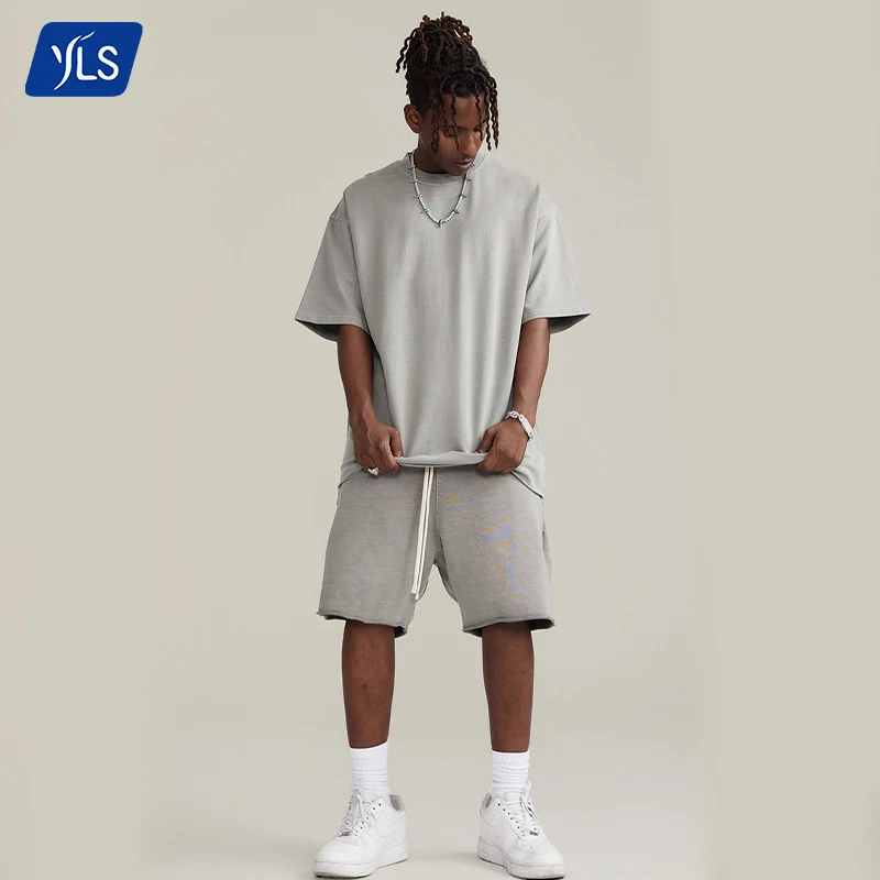 YLS Summer 2 Piece Short Set Oversized Wash Cotton Vintage Streetwear Two Piece Lounge Set Custom Mens Clothing