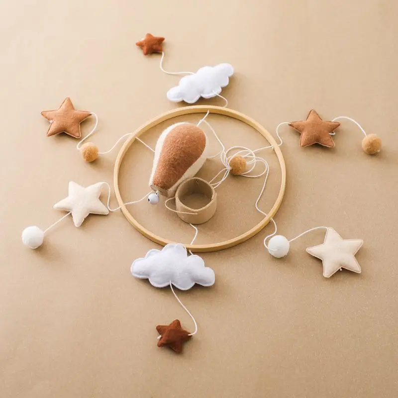 Brown Hot Air Balloon Hanging Toy Soft Toy Wooden Frame Handmade Felt Baby Mobile