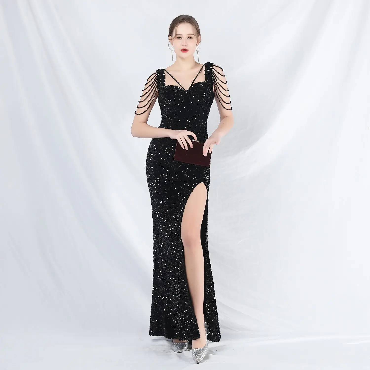 31828# New 2024 celebrities formal occasion velvet beads handmade beaded long evening dress