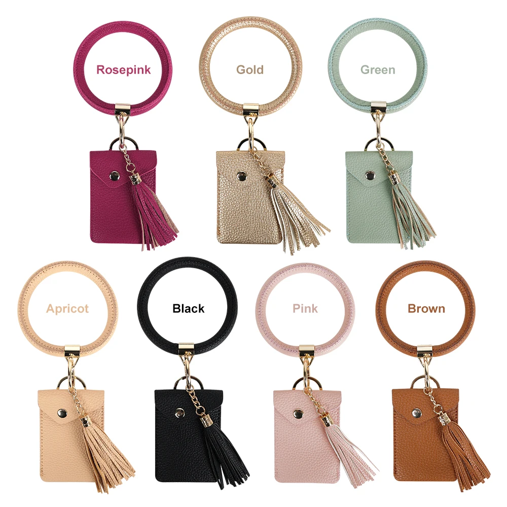 Best Quality Leather Key Chain Bracelet-Round Keyring Bangle with Leather Tassel-Wristlet Keychain with Card Pocket