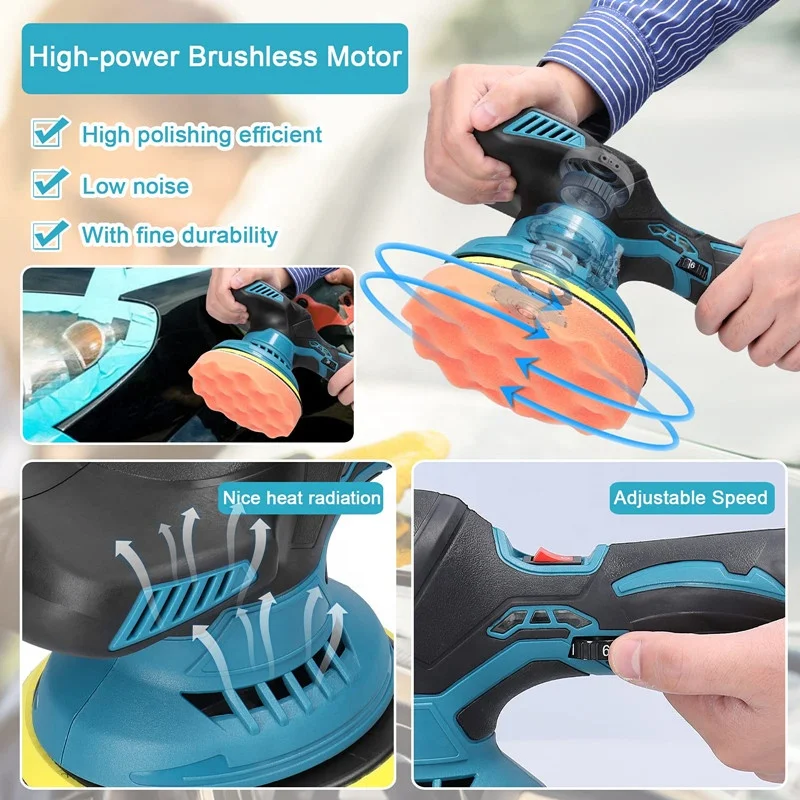 Cordless Car Polisher with 2 Pcs Battery 6 Gears of Speeds Adjustable