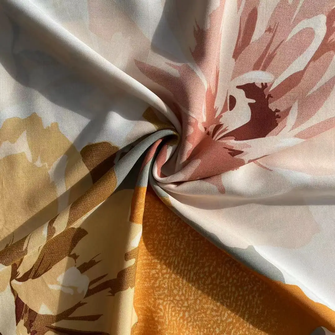 Stock Woven Plain Spun Rayon Leaf Motif Viscous 100% Viscose Floral Printed Rayon Challis Fabric