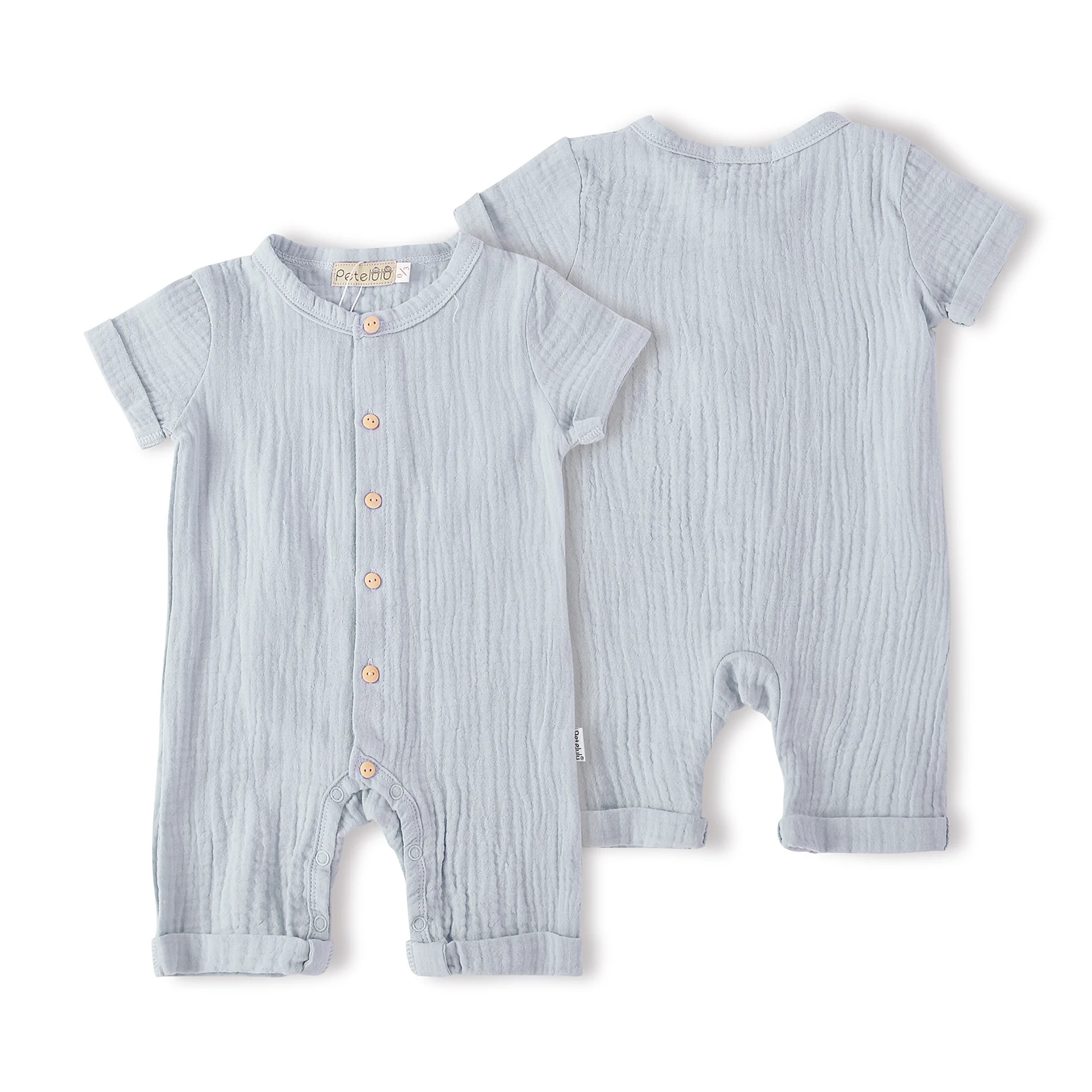 Baby Clothes Romper OEM Service Unisex Knitted 100% Cotton Size Label Bab Wood Button Summer Hemp Breathable O-neck Short Sleeve