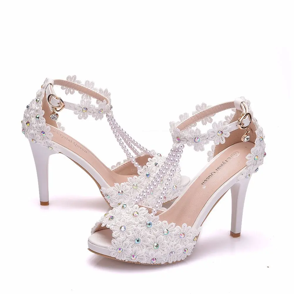 Ladies Heels White Wedding for Bride Shoes With Flower Lace Weddings Sandals Women