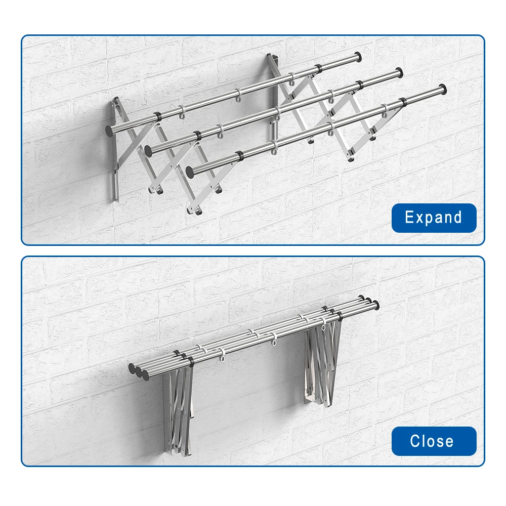 3 Tier Balcony Wall Mounted Laundry Dryer Rack Push-pull Folding Stainless Steel Cloth Drying Hanger For Bathroom