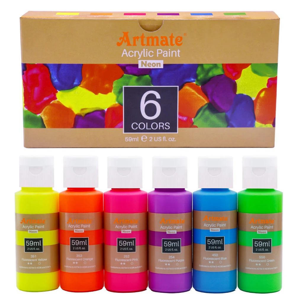 Artmate Acrylic Paint Art Set 6 Neon Colors 2 Ounce/59ml,Acrylic Paint Set,Acrylic Paints for Students and Artists