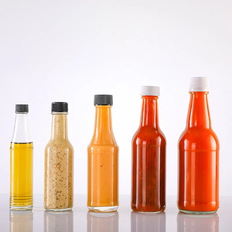High quality empty 1.7oz 5oz 10oz 12.5oz woozy round glass bottle chilli sauce bottles with black lid