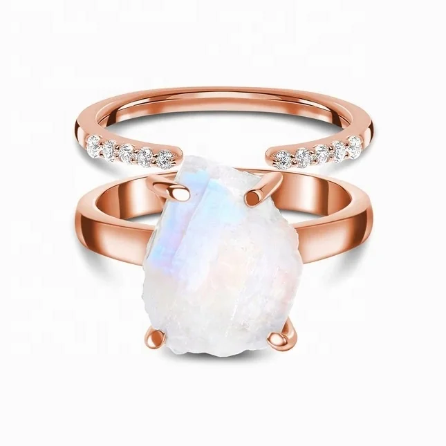 Irregular 925 Sterling Silver Natural Gemstone Moonstone Ring Set Rose Gold Plated Jewelry