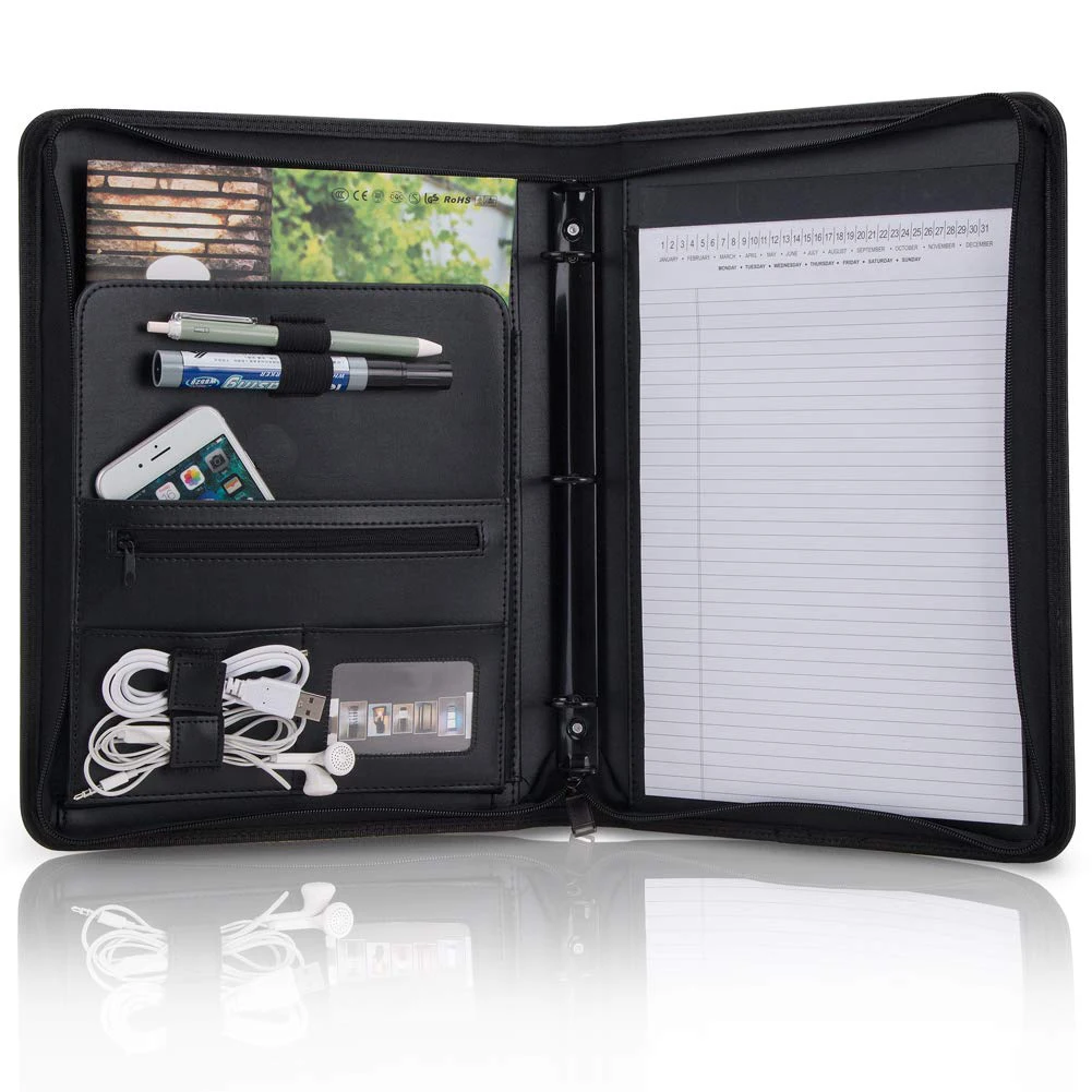 Portfolio Folder, PU Leather Document Organizer  with Round Ring Binder