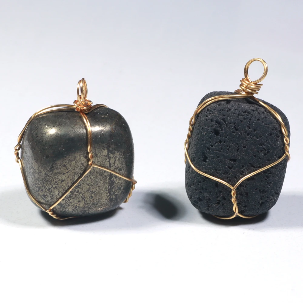 Wholesale Gold Wire Wrapped Crystal Healing Aventurine Clear Quartz Jade Labradorite Tumbled Stone Pendant