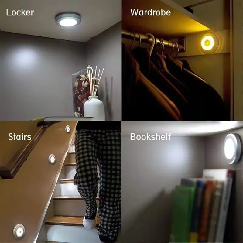 Round Smart LED Night Light Battery Powered Cabinet Bedside Bedroom Closet Closet Lighting Magnetic Suction Sensor Light