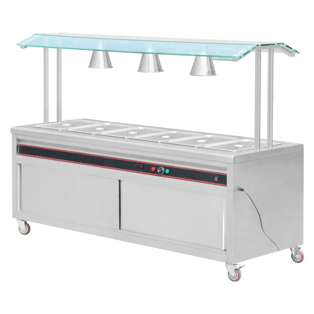Hot sale Electric Food Steam Rice Warming Machine Professional 6 Pans Bain Marie With Cabinet & Heat Lamps For Kitchen Catering