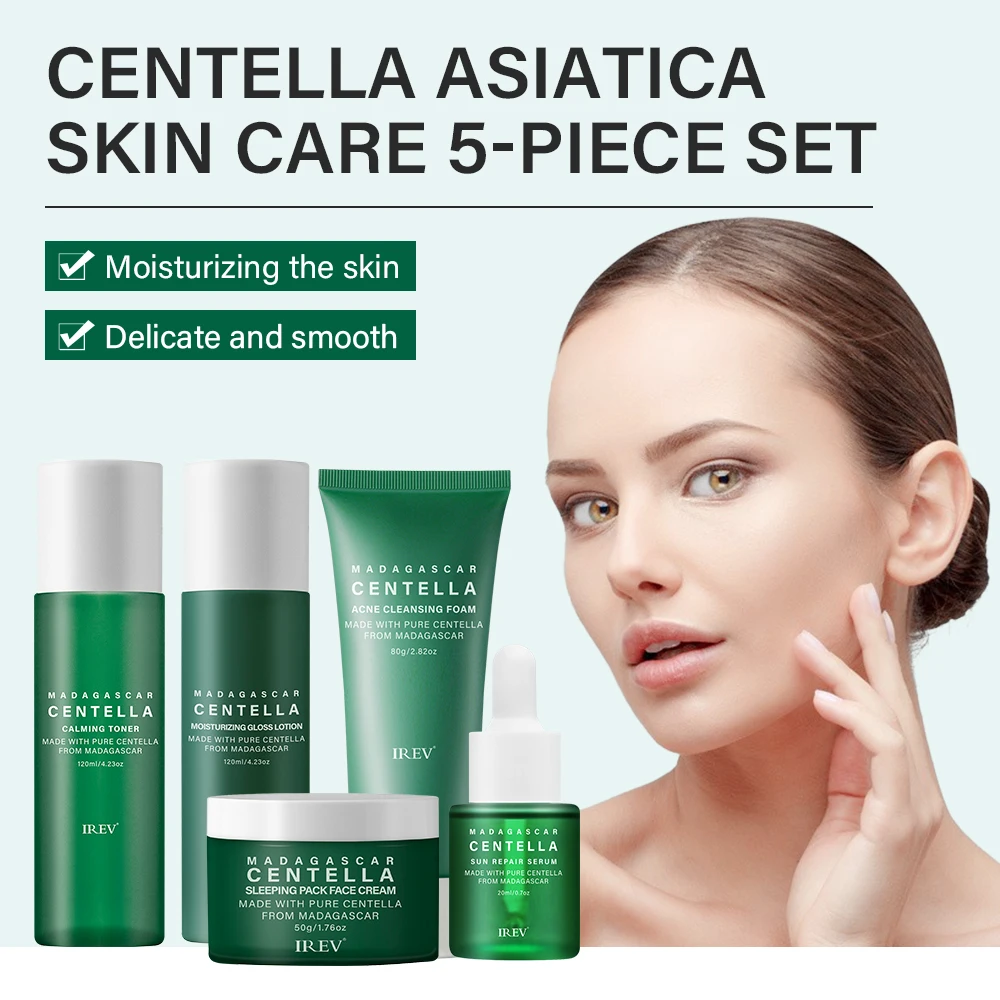 OEM IREV Madagascar Centella Skincare Set With 80g Facial Cleanser Foam 120 ml Toner 20ml Serum 50g Face Cream 120ml Lotion