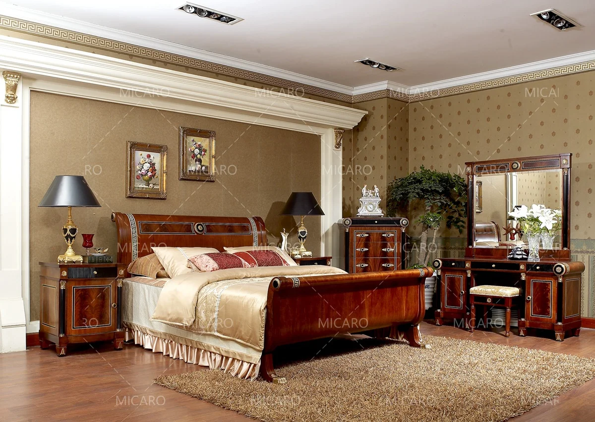 Luxurious king veneer covered antique wooden bedroom furniture set