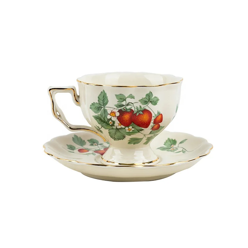 Gold Rim Ceramic Porcelain European English Vintage Coffee Tea  Cup Saucer Tea Pot Strawberry Cups Set