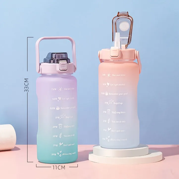 Large 2 liter plastic gym school motivational water bottle with time marker