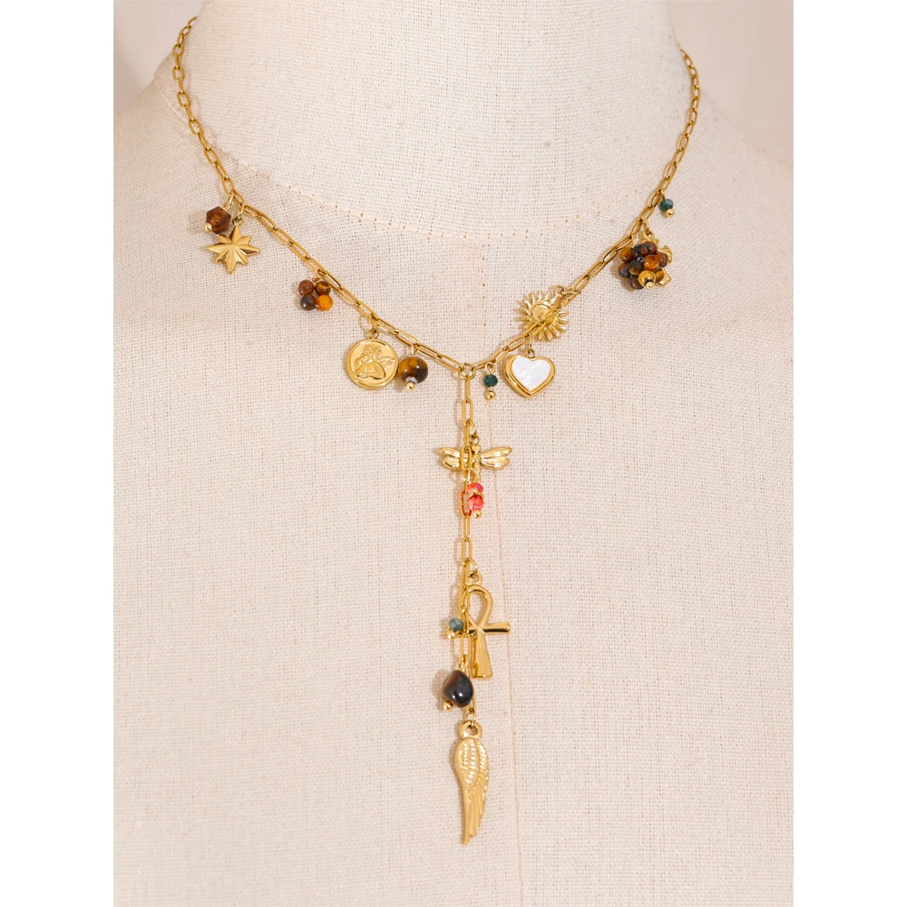 JINYOU 4563 New Arrival Wing Cross Heart Tiger Stone Pendant Necklace Trendy Stainless Steel Pendant Necklace for Women Jewelry