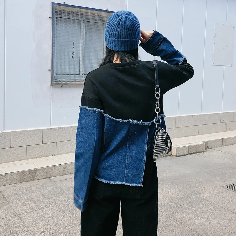 TWOTWINSTYLE Patchwork Denim Asymmetric Colorblock Loose Casual Womens Sweatshirt