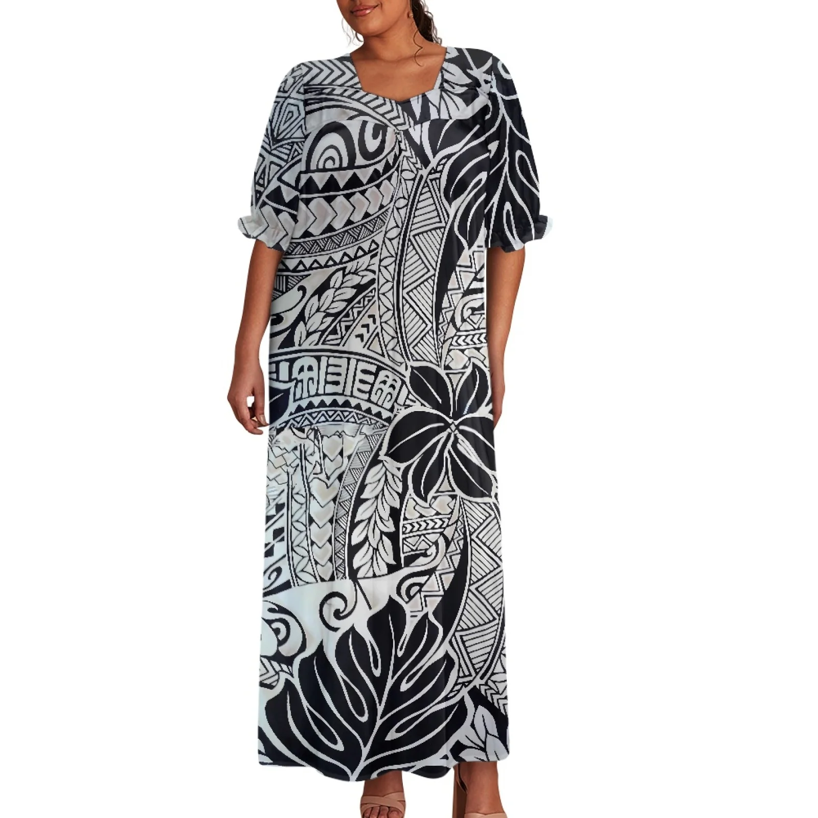 Polynesian Tribal Clothing Samoan Tongan Style Tapa Print Design Custom High Fashion Mumu Dress Women Loose Luxury Dresses Woman