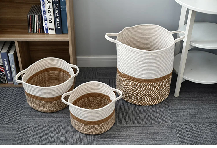 Dirty clothes basket free sample  jute yellow color round cotton woven storage basket for bedding room with  elegant handles