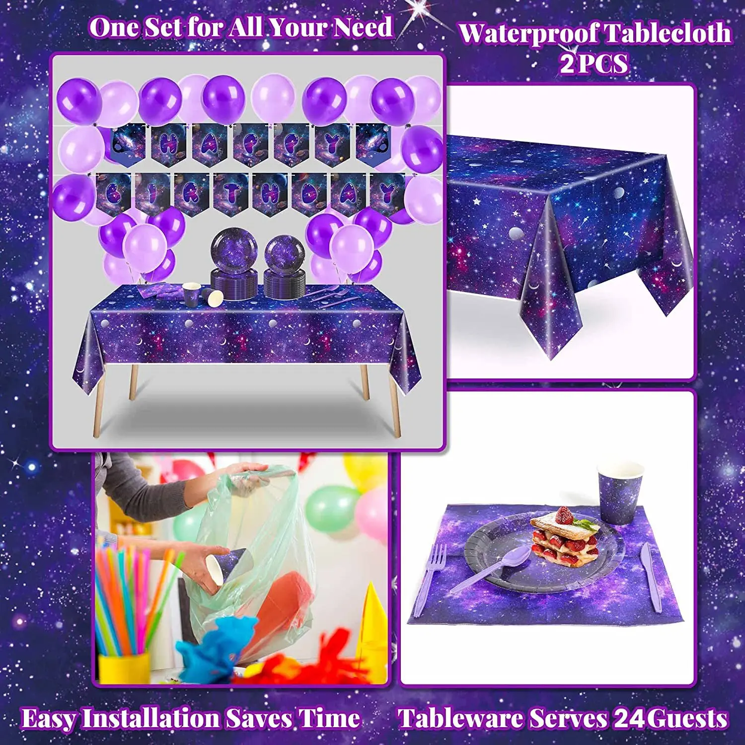 Purple starry sky galactic space theme decorative paper tray party paper cup knife fork spoon