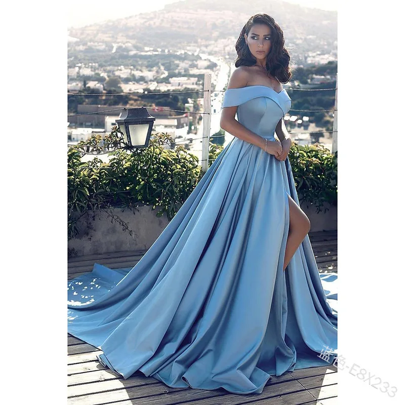 Off Shoulder Prom Dresses with Slit Satin Ball Gown A-Line Formal Evening Gowns Wedding Dress Wedding Guest Dresses