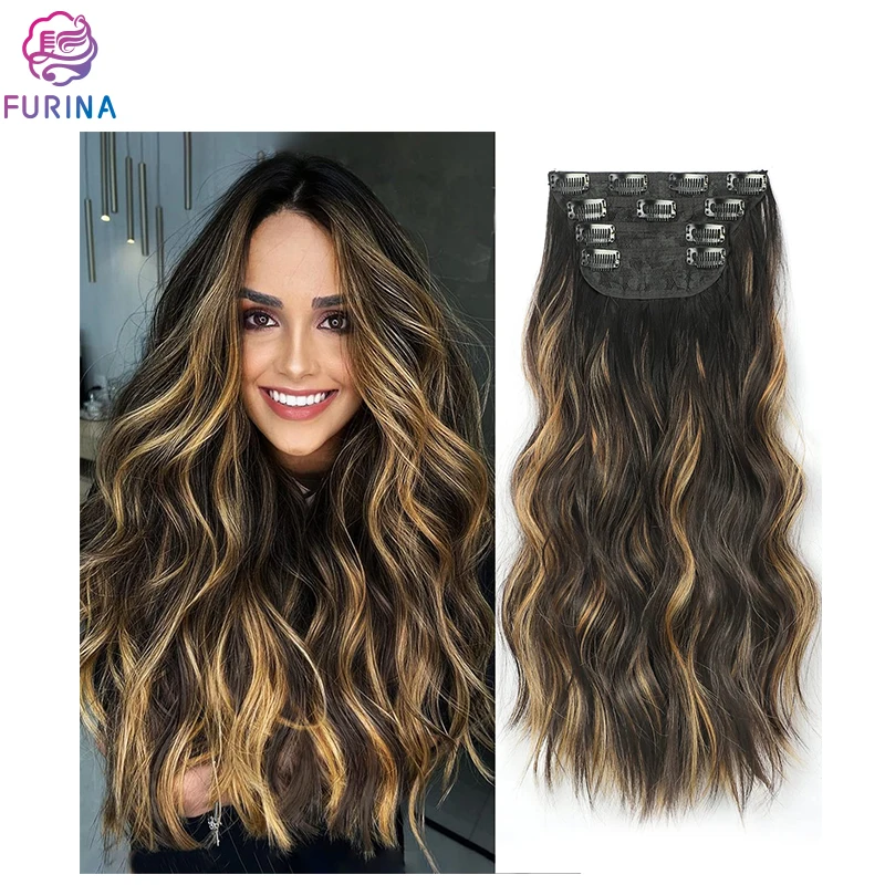Furina wavy high quality natural curly long Europe and America 4 pcs 11 clips synthetic clips in hair extensions for women