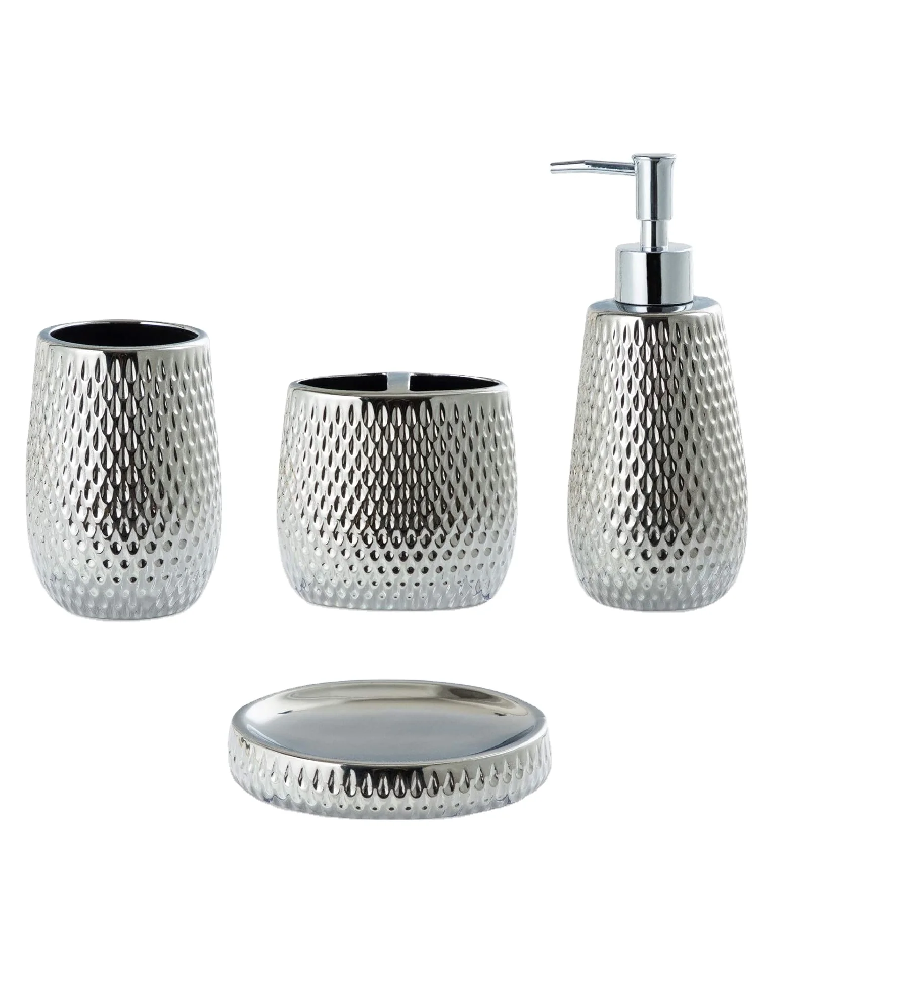 Silver 4 Piece Ceramic Bathroom Accessory Set Complete Bathroom Essential with Toothbrush Holder Dish Tumbler Soap Dispenser