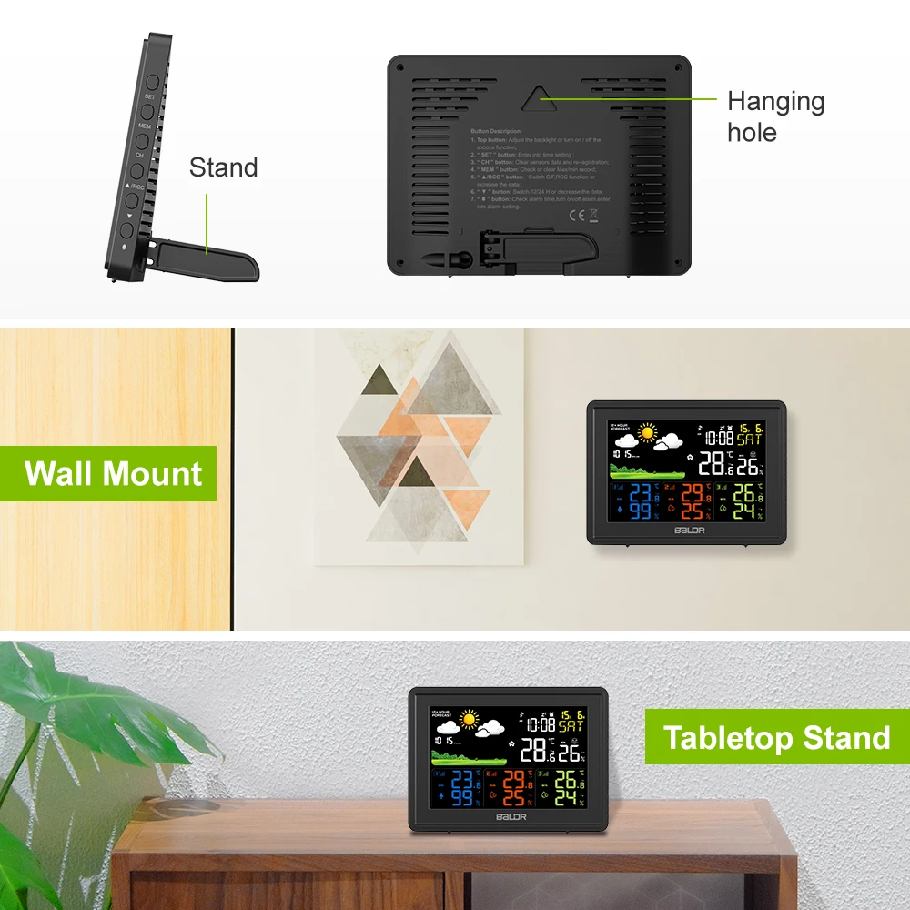 BALDR Weather Forecast Station with Multiple Remote Sensors Digital Temperature and Humidity Meter Barometer Pressure Clock