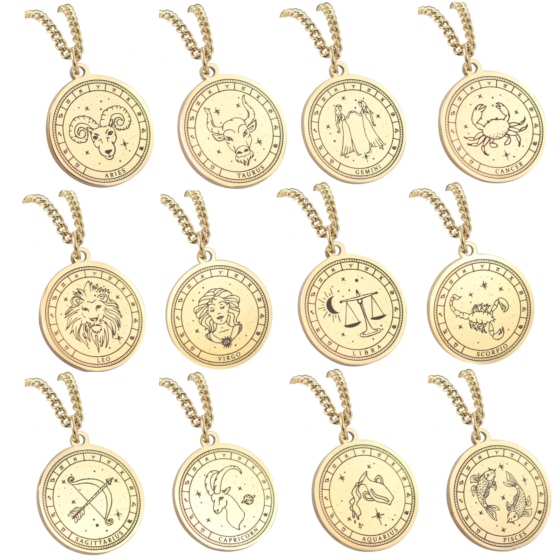 Women accessories jewelry 18k gold plated 316l stainless steel pendant astrology horoscope tarot card 12 zodiac sign necklace