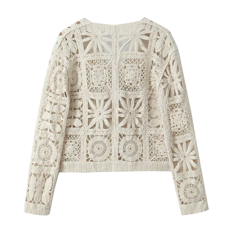 TAOP&ZA 2024 spring new product forest three-dimensional hollow crochet knitted cardigan for women apricot V-neck jacket 245