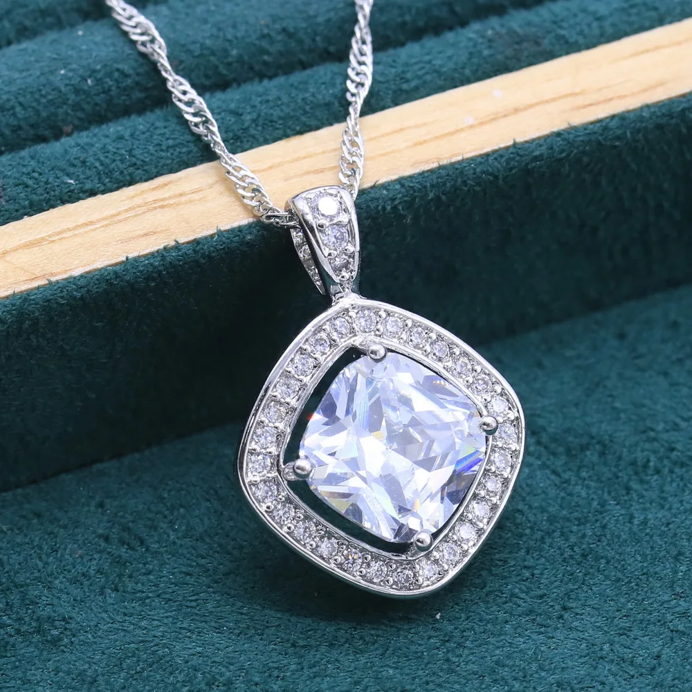 
Square White Gold Plated Pendant Necklace For Women Birthday Christmas Gift Wedding Jewelry Pink Green White Blue Topaz 